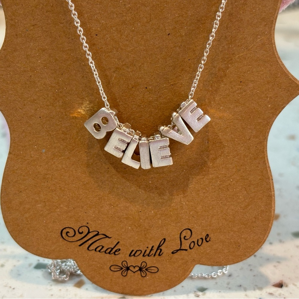 BELIEVE Silvertone Word Charm‎ Pendant Necklace